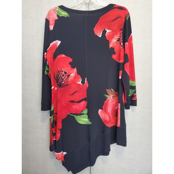 Eva Varro Black Hibiscus Floral Print Angled Hem 3/4 Sleeve Tunic Size XL Artsy - Picture 4 of 4